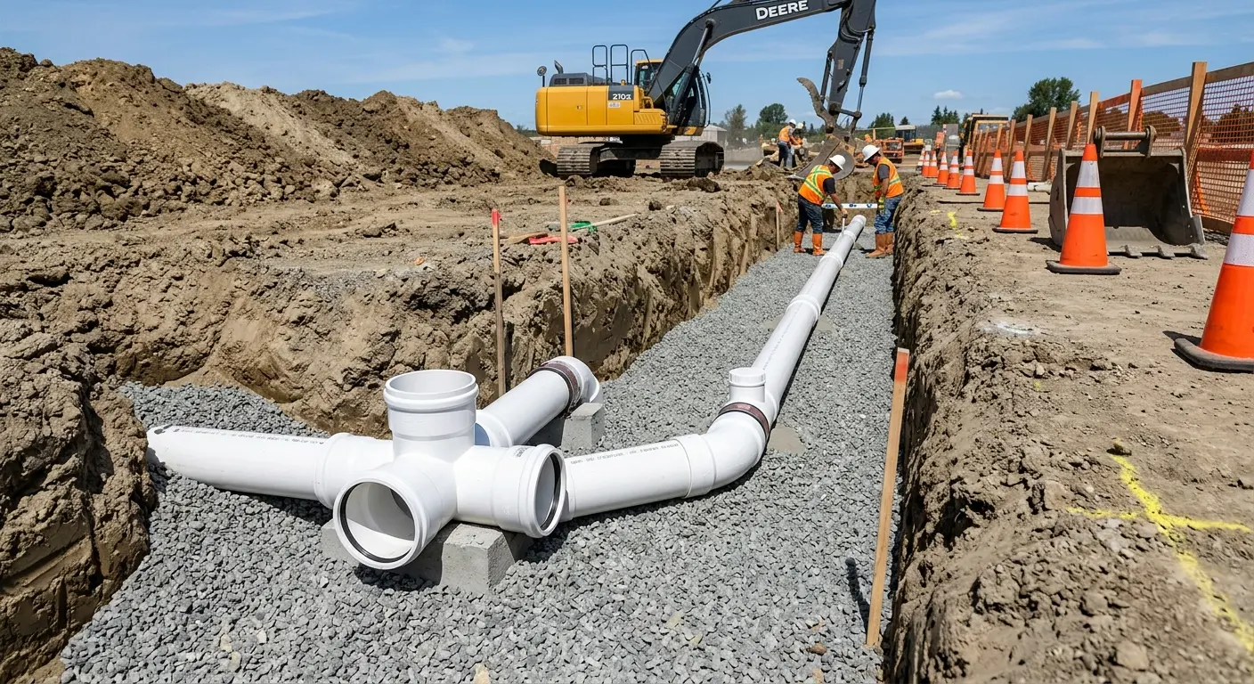 New PVC sewer pipe installation in open trench for Sewer Backup in Palmyra