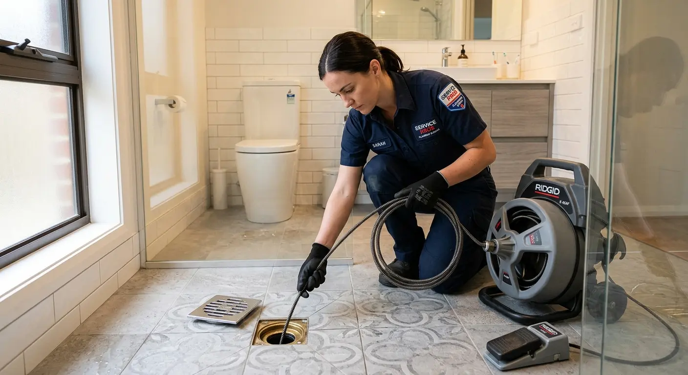 Technician clearing a bathroom floor drain for Sewer Line Installation in Palmyra